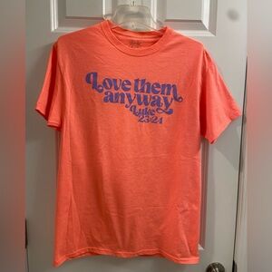 Women's Luke 23:24 "Love Them Anyway" Scripture Christian T Shirt Medium Coral